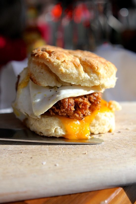 biscuit egg, cheese and fried chicken sandwich