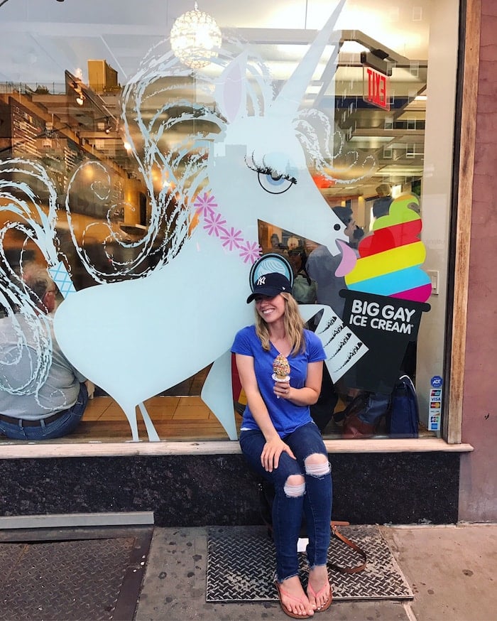 Lauren with ice cream in front of Big Gay Ice Cream shop