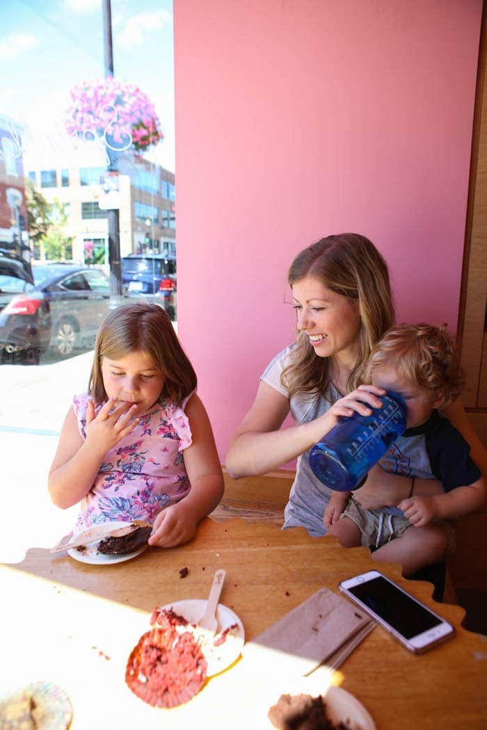 Lauren, Brooke and Eddie sitting at a table