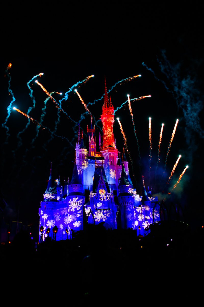 Disney castle with fireworks in the background