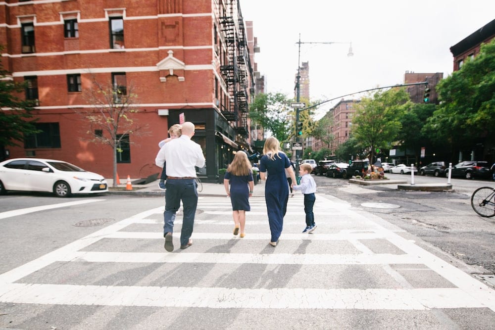 Brennan family crossing the street