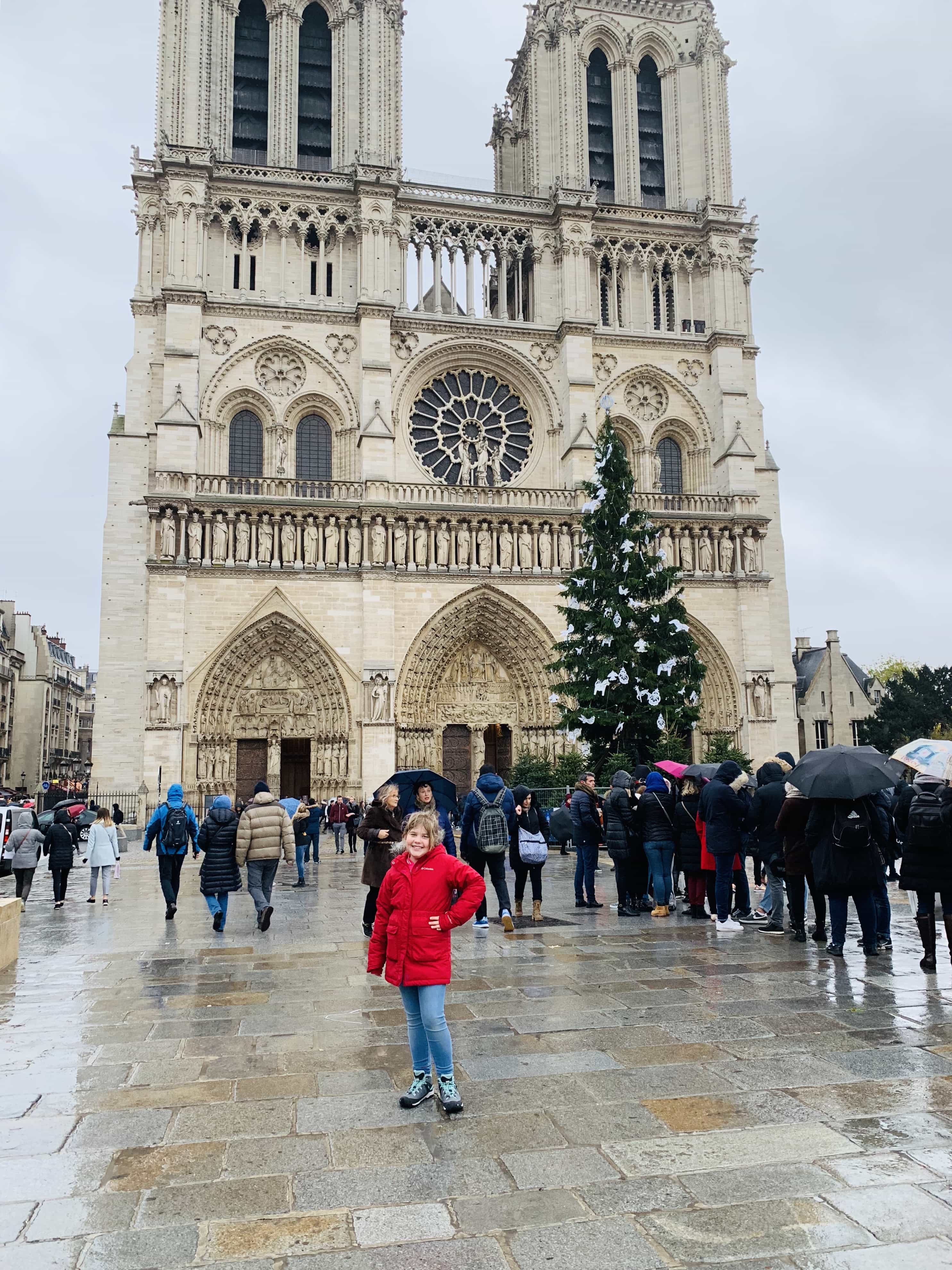 A group of people walking in front of Notre Dame de Paris