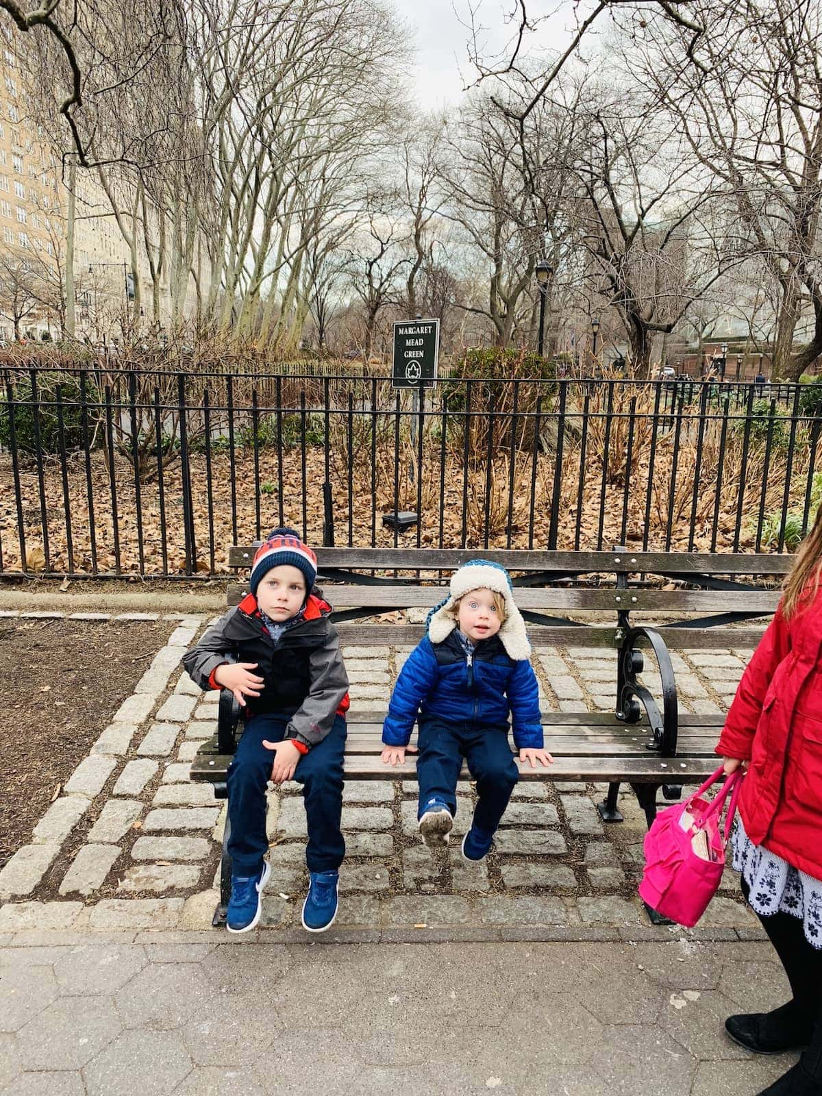 Blake and Eddie sitting on a bench