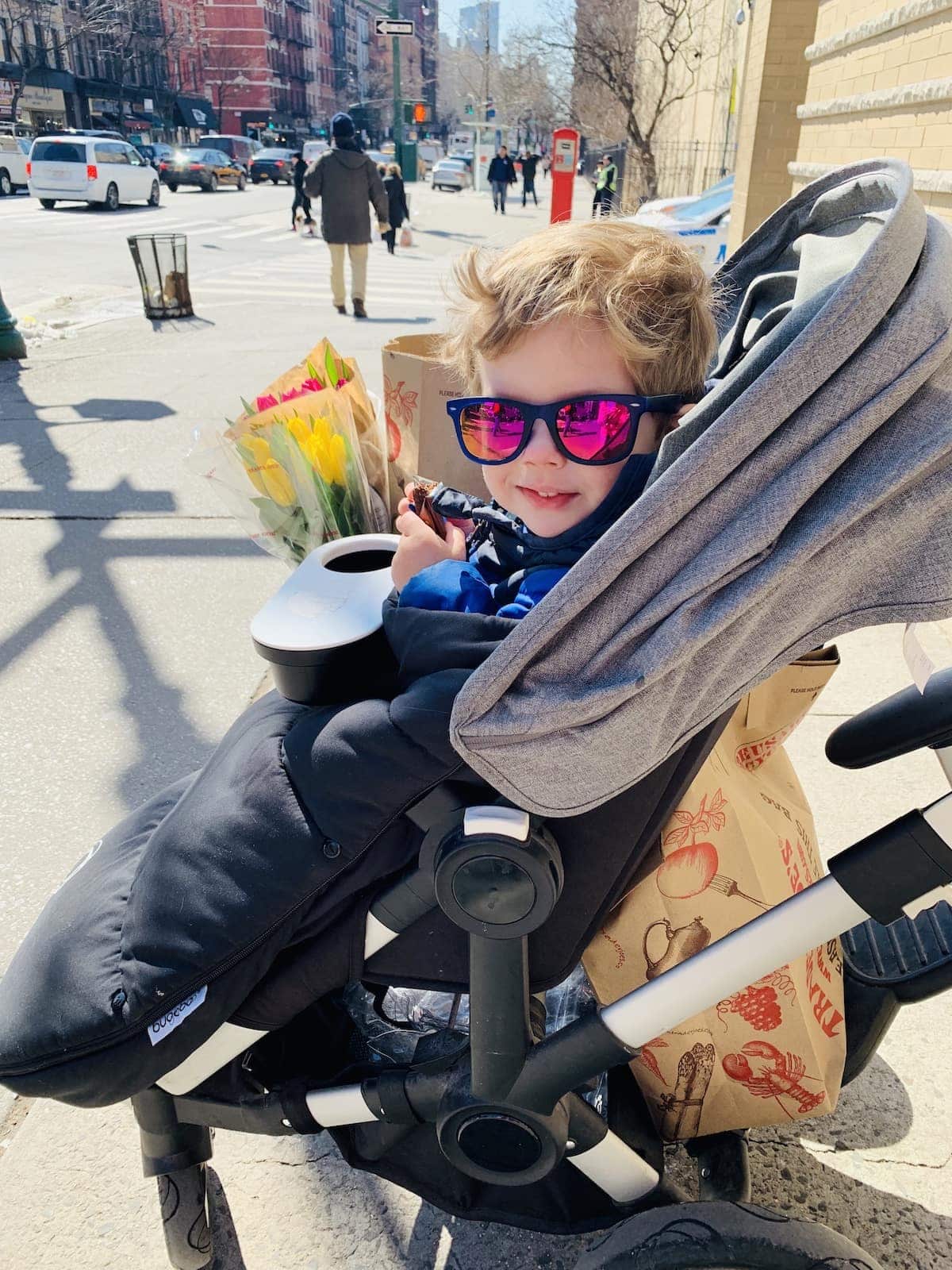 Eddie in the stroller With sunglasses on