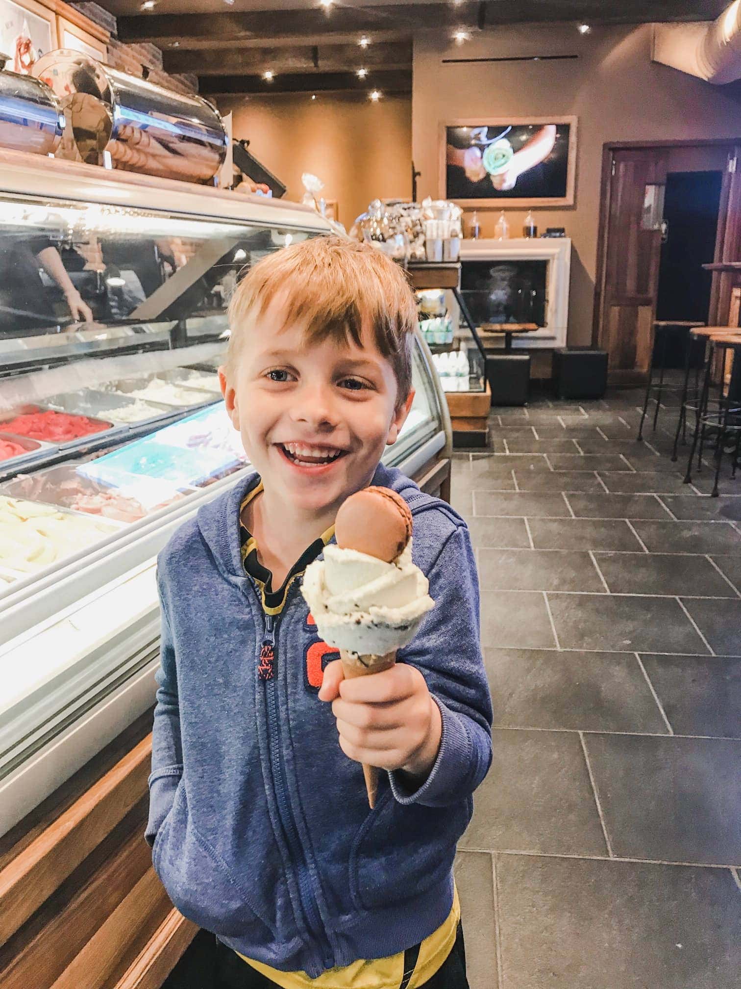 Blake with gelato and a macron