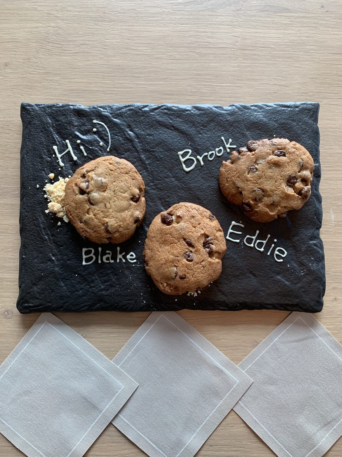 Cookies on a slate plate for Brooke, Eddie and Blake