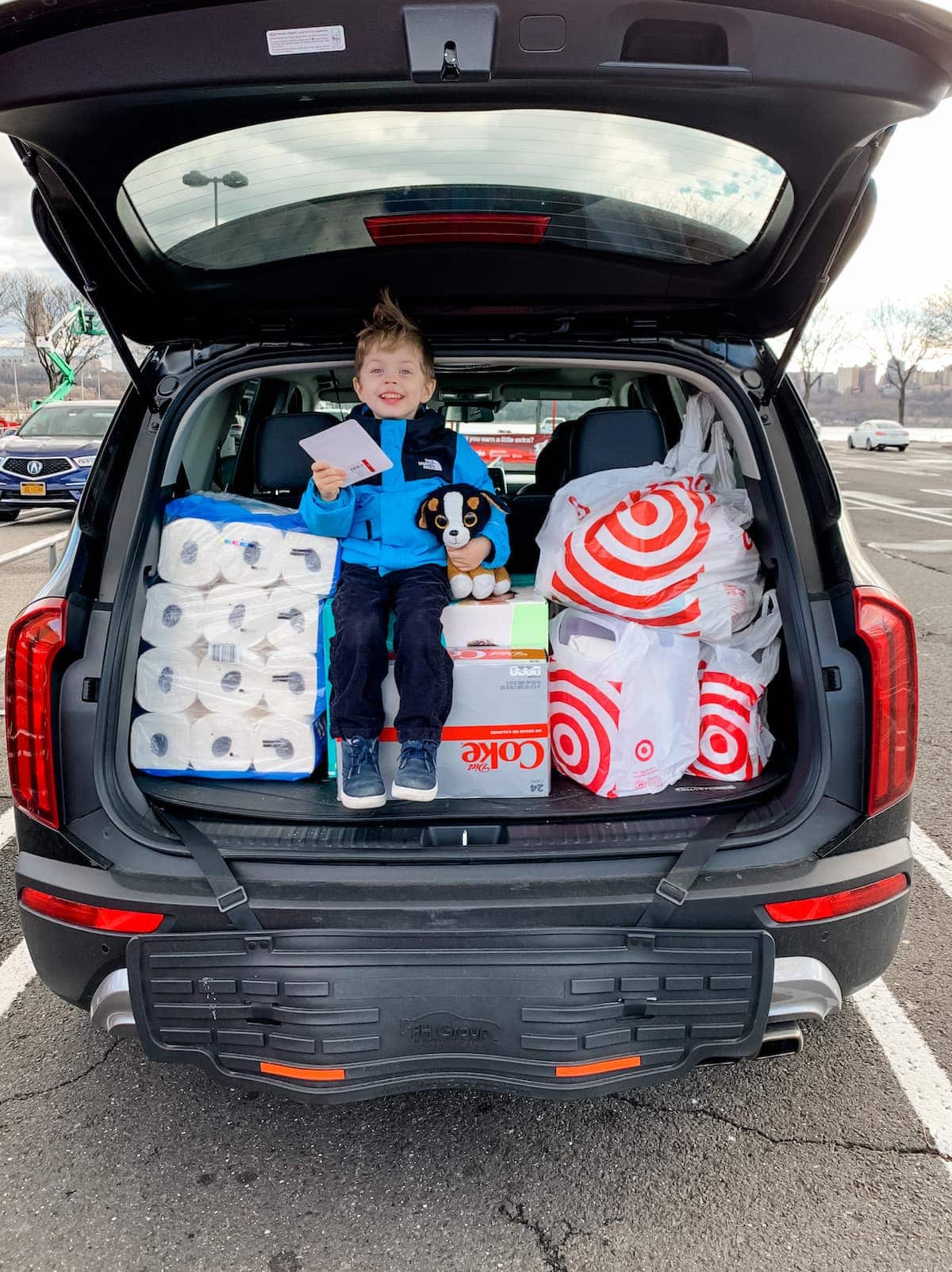 Eddie in the back of the car stuffed with groceries